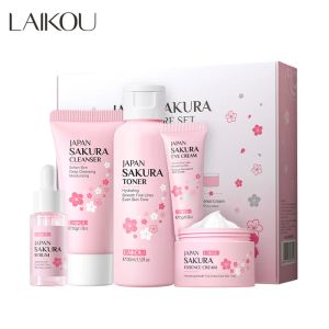 Feuchtigkeitscremes LAIKOU Sakura Kit Hautpflegesets feuchtigkeitsspendend und reduzieren feine Linien Porenreinigungsprodukt 5-teiliges koreanisches Hautpflegeset