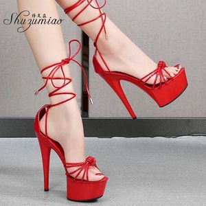 Klänningskor Shuzumiao Sexig stripper Kvinnor Mule Woman Summer Sandals 2020 15cm High Heels Female Stiletto Cross Straps Red Shoe H240325