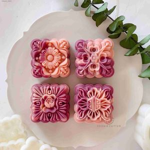 Pişirme kalıpları 4pcs/set 75g kare şekil mooncake kalıpları Çin tarzı çiçek çiçek desen kurabiye damgası diy festival maş fasulye kek araçları l240319