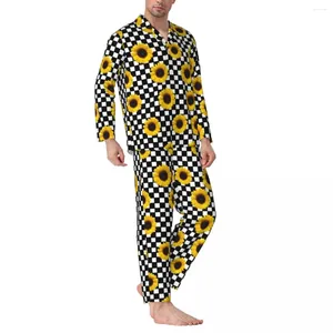 Erkekler Sweetwear Ayçiçeği Pijamaları Erkek Siyah ve Beyaz Kontrol Moda Ev Bahar İki Parça Günlük Büyük Boyut Grafik Pijama Setleri