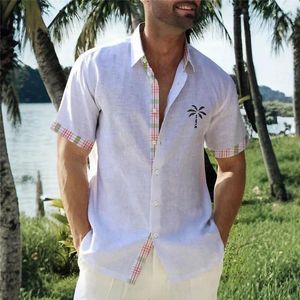 Camisas casuais masculinas 2024 camisa de palmeira ao ar livre rua diária verão algemado manga curta botão design