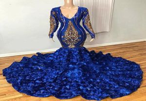 Royal Blue Mermaid Evening Dresses Gold Appliques V Neck Long Sleeve Prom Dress 3D Hand Made Flowers Fornal Party Gowns7727809