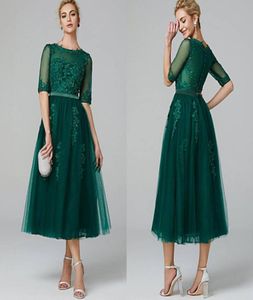 Elegant ALine Illusion Neck Tea Length Lace Tulle Cocktail Party Prom Dress with Beading Appliques Half Sleeve Dark Green Special4594369