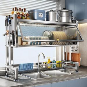 Kök förvaring handfat hylla rostfritt stål dränering rack multifunktionell bänkskiva maträtt hushållsskåp