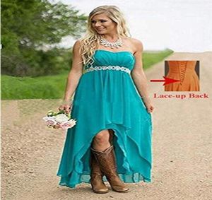 Fanciest Sweetheart Women039 Strapless High Low Country Style Bridesmaid Dresses Wedding Party Gowns Turquoise With Crystal Bea2828335