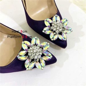 Klänningskor strass blomma mode kvinnor ena lila silkesparti höga klackar 12 cm högkvalitativ spetsig spetsstiletto pumpar6qpo H240321