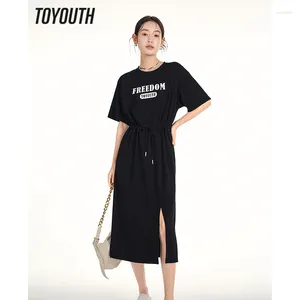 Party Dresses Toyouth Women Dress 2024 Summer Short Sleeve O Neck Loose Drawstring Waist Letter Print Casual Versatile Black T-shirt Skirt