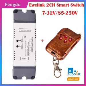 Controle ewelink inteligente wifi relé 2ch dc 7v 32v rf interruptor sem fio 433mhz módulo de controle remoto avançando bloqueio automático