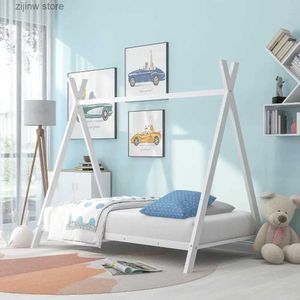 Andere Bettwäsche liefert Twin-Size-Zelt-Bodenbettgestell für Kinder, Metall-Montessori-Bodenbett, Twin-House-Bett für Kinder, Mädchen, Jungen, weiß Y240320