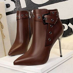 HBP Non-Brand Original Quality Retro Fashion Sexy high Heel Boots Rivet Belt Buckle PU Leather Ladies Ankle Boots