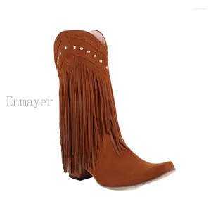 Stiefel Frauen Niet Retro WesternTassels Fringe Cowboy Cowgirl Für 2024Vintage Mid Calf Rosa Casual Schuhe