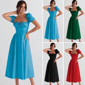 Vestidos casuais aberto de volta vestido de verão elegante pescoço quadrado midi com babados em camadas lace-up cinta detalhe feminino a linha plissada alta para um