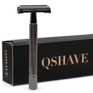Razor Qshave Double Edge Safety Razor Classic Safety Razor Black color Long Handle Butterfly Open, 1 Handle & 5 blades