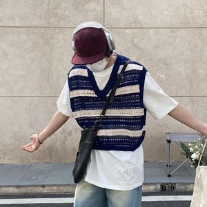 Men's T Shirts Knitted Striped Oversized Short Shirt Sleeveless V Neck Summer Harajuku Fashion Viintage 2024 Trend Blue White Hollow Out