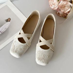 Flats Floral Embroider Ballet Shoes Woman Elegant Almond Toe White Lace Ballerina Flats Ladies Cross Straps Wedding Party Mary Janes