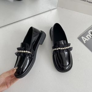 Oxfords New Women Platform Scarpe per perle con tacchi alti Slip in pelle di brevetto su scarpe spesse moca