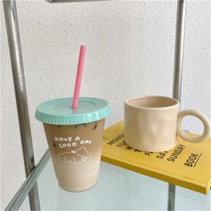 Mugs Cute Straw Cup Kawaii Reusable Coffee Plastic Cold Cups For Water Juice Milk Tea BPA Free Drinking Bottle Drinkware