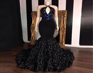 Long Kehole Neck Mermaid Prom Reflective Dresses 2022 Vneck Top Sequin Applique Flowers African Girl Black Satin Backless Evening5079973