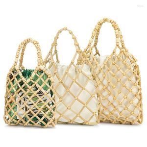 DrawString bambu vävd väska ihålig ut träpärla hand för sommarstrand kvinnlig retikulerad handväska nettad