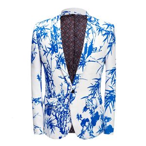 Mens Party Casual Blazer Print Blue Bambu Mönster Design Slim Fit Mens Clothing Printed Suga Jacket Mens Wedding Dress Coat 240313
