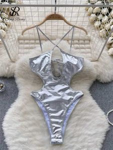 Damen-Bademode SingREINY Fashion Solid Beach Badeanzüge Bodysuit Open Crotch Damen Strumpfhosen Rückenfreies Tank Top Sexy Bikini Badeanzug J240319