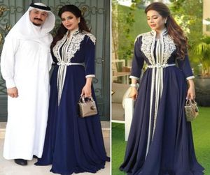 Marinblå chiffong muslimsk prom formella klänningar 34 långärmad 2021 arabiska kaftan kaftan marocko abaya spets applikation afton klänning3149266