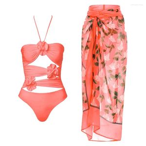 Женские купальники 2024, цельный купальник с цветочным принтом и пляжной юбкой, купальный костюм с вырезом и V-образным вырезом, боди с высокими штанинами, монокини женский