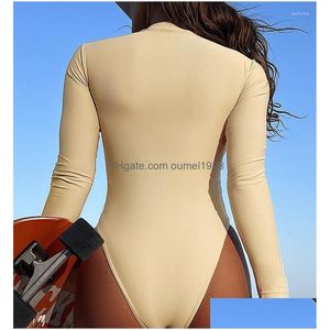 Kvinnors badkläder Blesskiss Zipper Surfing Swimming Suit for Women 2023 High Cut Thong Swimsuit Long Sleeve UV Protect Bathing Drop Deli DHVVL
