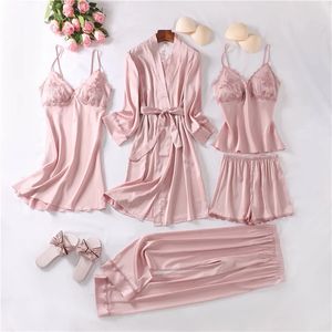 Sleepwear With Lace Women Pajamas Set Sexy 5 Pieces Robe Suit Kimono Gown Sexy Loungewear V-neck Bathrobe Lingerie Nightwear 240308