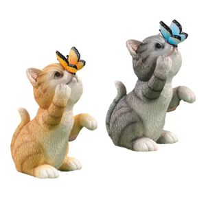 Garden Cat Statue Butterfly Solar Light Painted Keile Kreatywne dekoracje Ornament do Outdoor Lawn Pathway Fairy Garden Yard 240314