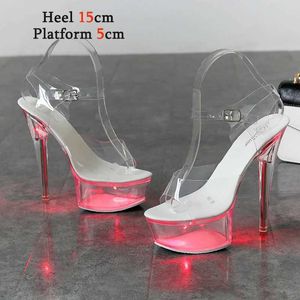 Dress Shoes Light Up Glowing Woman Luminous Clear Sandals Women Platform LED 13cm High Heel Transparent Stripper Heels2JWD H240321