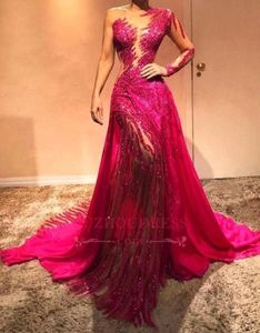 Sexy Fuchisa Prom Dress Illusion Beaded Tassel Evening Dresses Luxury Crystal Party Gown Sheath One Shoulder Pageant Gown2996672