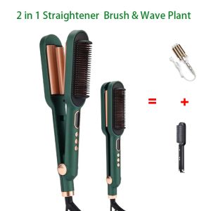 Irons 2 i 1 hårrätare borst hår curling järn keramisk negativ jon hårvävar curlers hårstyling verktyg med LCD -skärm