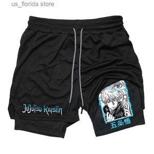 Mäns shorts anime jujutsu kaisen 2 i 1 kompressionshorts för män atletiska snabba torra prestanda shorts med fickor gymträning fitness y240330