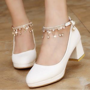Boots Comemore White Women Wedding Shoes Crystal Preal Ankle Strap Bridal Shoes Woman Dress Shoe Pumps Sweet Party Shoes High Heels