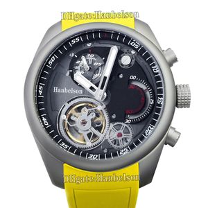 Sports Men watch Race car style Titanium Skeleton case Tourbillon Wristwatch Automatic movement Yellow rubber strap Timepiece 43mm