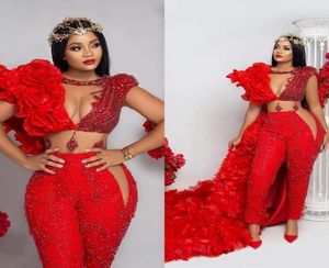 2021 ASO EBI Jumpsuit med Wrap Red Prom Dresses Crystals Pant Suit Ruffle Party Second Reception Glänningar Plus Size Evening Dress1463399