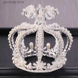 Tiaras Wedding Crown Silver Color Barock Rhinestone Crystal Pearl Round Crown Bridal Headdress Princess Birthday Crown Tiara Jewelry Y240320