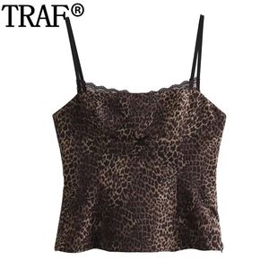TRAF 2024 PRIMEIRA LEOPARD CROLHA MULHERES MULHERES MUNDONELES LACE CETINA TOP TOP FEMINE BACKL MULHER MULHER MULHER Vintage Camisole Tops 240408