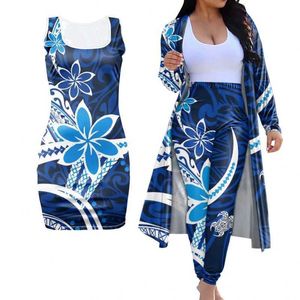 Kvinnor 3 -stycken kläder set för lång kappa kortfest bodycon klänning plus storlek hawaii stam polynesisk stil