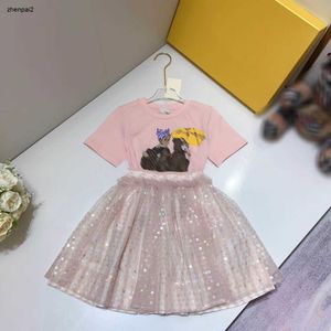 Luxury Princess Dress Baby Clothes Designer Kids Tracksuits Storlek 100-130 cm Girls T-shirt och Shiny Lace Short Kjol 24mar