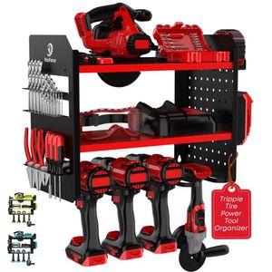 Rocforce Wall Mount Heavy Duty, Cordless with Saw Cutter & Drill Holder Rust Proof Garage Pegboard Storage -efficient Tool Organizer for Power Tools - (red)