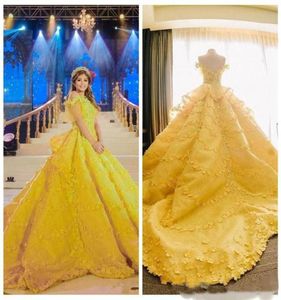 Gorgeoues Abiti Quinceanera giallo brillante maniche ricoperte con applicazioni floreali 3D Sweep Train Custom Made Sweet 16 Party Ball Gow1123700