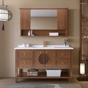 Bathroom Sink Faucets Chinese Style Red Oak Cabinet Smart Retro Solid Wood Stone Plate Floor Washstand Washbasin Combination