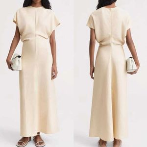 High End Women Elegant Solid Color Linen Viscose Blend Empire Waist a Line Modest Design Long Summer Dress