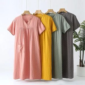 Women's Sleepwear V-Neck Simple Nightdress Pajama Nightgowns Sexy Short-sleeved Summer Gauze Thin Long Home Cotton Double