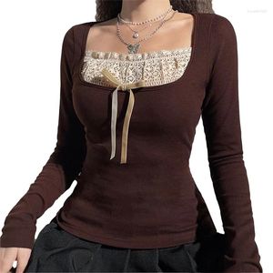 Camiseta feminina manga comprida malha tops renda costura decote malhas laço decoração slim fit pulôveres clubwear