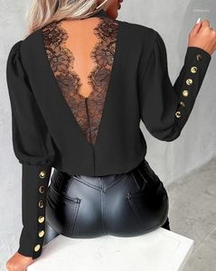 Women's T Shirts Fashion Woman Blouse Spring Semi-Sheer Eyelash Lace Patch Buttoned Casual Plain O-Neck Long Sleeve Daily Tee Top Y2K