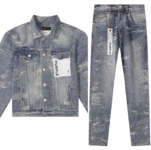 Lila Designer Herren Set Jeansjacke Herren Mode Set Jacke Cowboy Mäntel Herren Jacken LILA Slim Ripped Hole Herren Oberbekleidung Mäntel