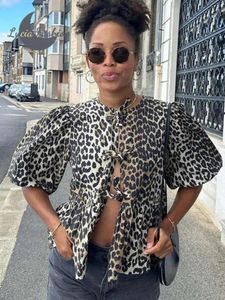 Street Leopard Print Shirt Women Y2K Fashion Bow Pet Sort Puff Sleeve Kvinnlig T-shirt 2024 Summer O-Neck All-Match Lady Tops 240320